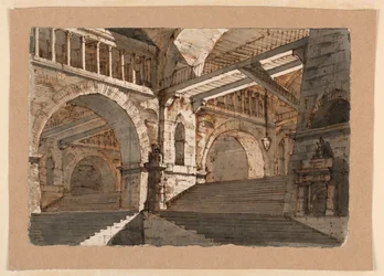 Zeichnung, Bühnenbild, Unterirdische Treppen und Galerien eines befestigten Palastes, ca. 1800