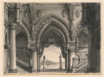 Zeichnung, Bühnenbild, Blick vom Palast in Venedig, 1832
