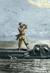20.000 Meilen unter dem Meer. Kapitän Nemo auf dem U-Boot „Nautilus“. Illustration aus dem Roman von Jules Verne „Zwanzigtausend Meilen unter dem Meer“