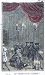 Eine Freimaurerzeremonie - basierend auf einem Stich aus der Sammlung „Orden der verratenen Freimaurer“ von Pater Perau