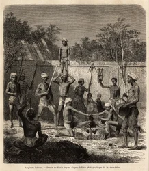 Eine Gruppe indischer Jongleure. Gravur zur Illustration der Reise in die südlichen Provinzen Indiens, von Alfred Grandidier, 1862-1864, veröffentlicht in „le tour du monde“, unter der Leitung von D