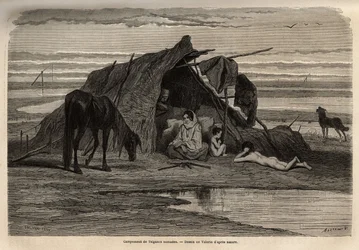 Ein Lager von nomadischen Zigeunern in den Ebenen Nordbosniens. Gravur zur Illustration der Reiseerinnerungen unter den südlichen Slawen, von Georges Perrot, 1868, veröffentlicht in "Le tour du monde" 1870-1871, herausgegeben von Edouard Charton, Hachette,