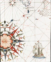 Eine Galeone segelt vor der Küste Kaliforniens (Detail des Portulans von Castellini)