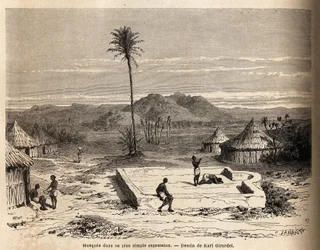 Eine Moschee in ihrer einfachsten Ausdrucksform, in einem Dorf nahe Abu Hamed, am Ufer des Nils. Illustration der Reise in den östlichen Sudan, 1848-1860, von M. Tremmeaux, in "Le tour du monde, nouveau journal des voyages"