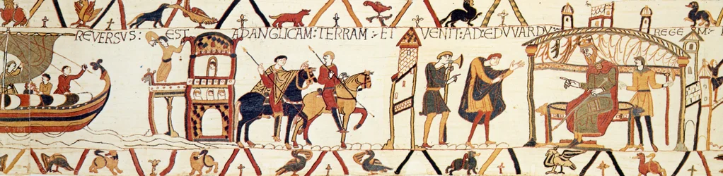 Eine Szene aus dem Teppich von Bayeux, die König Edward zeigt, wie er mit Harold spricht
