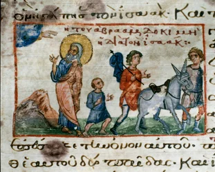 Abraham erhält den Befehl Gottes, seinen Sohn Isaak auf dem Berg Moriah zu opfern. Miniatur aus „Codex de l