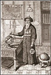 Adam Schall, Astronom (1592-1666) in Mandarin-Kostüm, mit Erd- und Himmelsgloben und Astrolabium - in China von Athanase Kircher