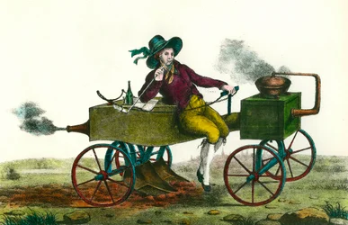Landwirtschaft: Pflügszene mit einer Dampfmaschine im Jahr 1834. Anonymer Stich von 1834. Private Sammlung