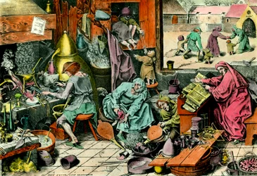 Alchemielabor Ein Alchemist konsultiert ein Grimoire. Gravur des 16. Jahrhunderts Private Sammlung