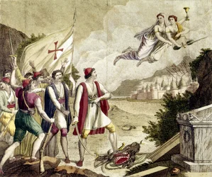 Allegorie auf das Wiedererwachen des griechischen Nationalgefühls unter osmanischer Herrschaft, das zum Griechischen Unabhängigkeitskrieg (1821-1830), auch Griechische Revolution genannt, führte.