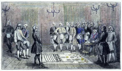 Eine Lehrlingsloge in Paris, um 1740: Diese Szene zeigt die Aufnahme eines Freimaurerlehrlings (auf dem Boden das Gemälde der Lehrlingsloge) - nach einem zeitgenössischen Stich.