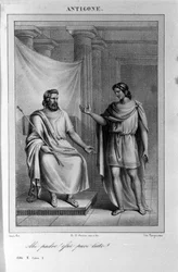 Antigone Akt II, Szene 1. Italienische Tragödie von Vittorio Alfieri, geschrieben 1783 nach der griechischen Mythologie. Gravur des 18. Jahrhunderts