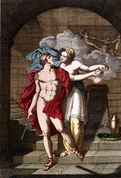 Arianne gibt Theseus den Faden, damit er aus dem Labyrinth herausfinden kann - in Dizionario mitologico