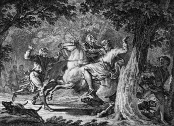 Ermordung Childerichs II., 675: Der König der Franken (um 653-675) wurde im Wald von Lognes von Bodillon getötet, einem Herrn, den er hatte auspeitschen lassen. Stich aus dem 18. Jahrhundert.