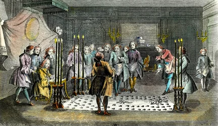 Versammlung von Freimaurern zur Aufnahme von Meistern. Stich um 1750. Privatsammlung