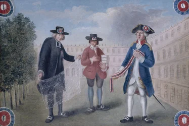 Zu den drei Ständen. Schild eines Kokardenhändlers im Palais-Royal. Palais-Royal