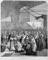 Taufe von Clovis durch Anastasius II. in der Kathedrale von Reims am 25. Dezember 498 - in „Histoire des papes“, Bd. 1, Maurice Lachatre