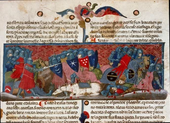 Kampfszene, gepanzerte Krieger kämpfen gegeneinander. Detail einer Manuskriptseite „Die Taten der Römer“ (Ms. 1538) um 1340. Florenz, Biblioteca Riccardiana