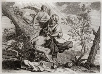 Royaumont-Bibel, Altes Testament: Opferung Abrahams. Ein Engel hält Abrahams Hand vor der Opferung seines Sohnes Isaak. Links steht der Widder, den Abraham stattdessen töten wird. Illustration von 1811