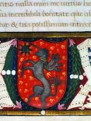 Wappen mit einem Einhorn, einem Stern auf rotem Hintergrund. (Detail)