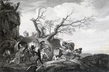 Räuber greifen Reisende auf einer Landstraße an. Gravur eines anonymen Künstlers des 18. Jahrhunderts.