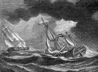 Das Schiff von Captain Cook wird dank seines Blitzableiters verschont, neben einem von Blitz getroffenen niederländischen Schiff - Gravur