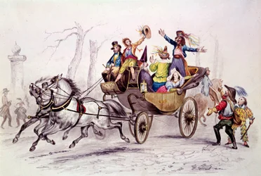 Karneval. Verkleidete Feiernde auf einem Wagen