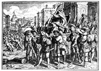 Karikatur über Papst Innozenz I. während der Invasion und Plünderung Roms durch Alarich I., König der Westgoten, im Jahr 410 (Sack von Rom). Gravur - in „Die Chronik von Goffredo“.