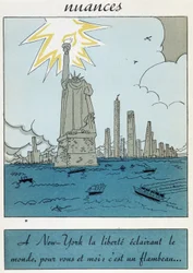 Karikatur der Freiheitsstatue in den Vereinigten Staaten: „Freiheit in New York erleuchtet die Welt, für dich und mich ist es eine Fackel“
