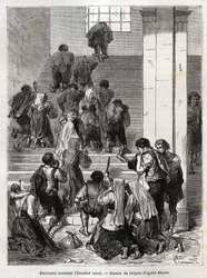 Katholische Büßer steigen die heilige Treppe in Rom hinauf. Gravur zur Illustration der Geschichte von Ludovic Celler; die Karwoche in Rom
