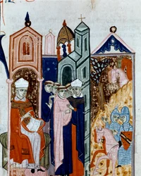 Zeremonie der Habitannahme eines Mönchs. Miniatur aus dem „Decretum Gratiani“ (1140)