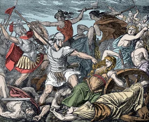 Cimbrische Frauen verteidigen ihren Wagenburg