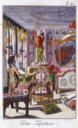 Handwerk: der Polsterer. In „Umfassende Beschreibung der Künste und Handwerke und Werkstätten für junge Leute“ von Johan Peter Vue. Hrsg. Nürnberg, Weigel und Schneider