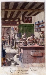 Handwerk: der Konditor in seiner Werkstatt. In „Umfassende Beschreibung der Künste und Handwerke und Werkstätten für junge Leute“ von Johan Peter Vue. Hrsg. Nürnberg, Weigel und Schneider