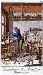 Handwerk: der Stuhlhersteller in seiner Werkstatt. In „Umfassende Beschreibung der Künste und Handwerke und Werkstätten für junge Leute“ von Johan Peter Vue. Ed. Nürnberg, Weigel und Schneider
