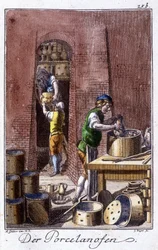 Handwerk: der Porzellanhersteller in seiner Werkstatt. In „Umfassende Beschreibung der Künste und Handwerke und Werkstätten für junge Leute“ von Johan Peter Vue. Ed. Nürnberg, Weigel und Schneider