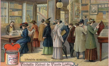 Kunden und Buchhändler in einer modernen Buchhandlung, Ende des 19. Jahrhunderts