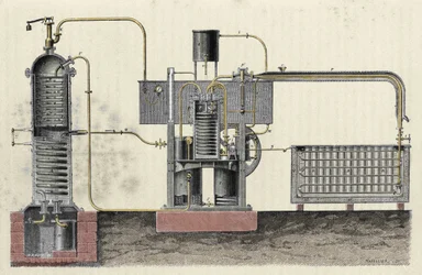 Schneiden des industriellen Apparats von Ferdinand Carré (1824-1894) zur Herstellung von Eis. Gravur aus dem 19. Jahrhundert