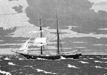 Dezember 1872, Mary Celeste wurde verlassen in der Mitte des Atlantiks, vor den Azoren gefunden. Der Kapitän, seine Frau und ihre zweijährige Tochter sowie die acht Besatzungsmitglieder verschwanden. Gravur 19. Jahrhundert