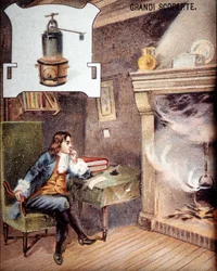 Denis Papin (1647 - 1714) erfindet den Topf. (Vorfahre des Schnellkochtopfs) Chromolithographie des 19. Jahrhunderts.