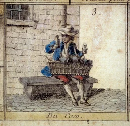 Detail des Spiels der Gans von Paris: der Kokosnussverkäufer (Verkauf von Schmuckstücken). Gravur des 18. Jahrhunderts