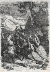 Doralice und Isabelle wollen Mandricard und Zerbin trennen (Gravur von 1851 aus „Roland furieux“)