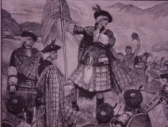 Earl of Mar erhebt 1715 den Jakobiten-Standard (Gravur)