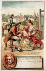 Edward Jenner (1749-1823), ein englischer Arzt, impft ein Kind mit dem Pockenvirus im Jahr 1796