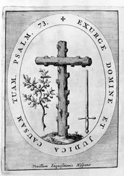 Emblem der Spanischen Inquisition: Kreuz, Olivenzweig und Schwert. 17. Jahrhundert