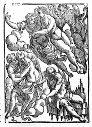 Eole (unten rechts) und Winde. „Mythologiae sive explicationes fabularum“ von Natalis Comitis. Padua 1677.