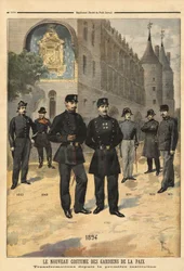 Entwicklung der Uniformen der Friedenswächter (oder Stadtsoldaten) von 1860 bis 1894, vor dem Uhrturm der Concierge, Paris. Gravur in „Le petit journal“ 09/1894. Selvas Sammlung.