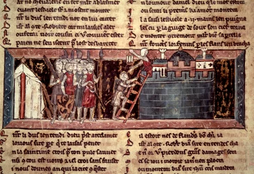 Erster Kreuzzug: Die Kreuzfahrer vor Jerusalem. Miniatur aus Chevalier au Swan et Godefroi de Bouillon