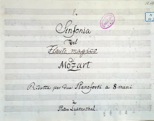 Erste Seite der Symphoniepartitur reduziert auf zwei Klaviere und acht Hände von Die Zauberflöte, Oper von Mozart, Lichtenthal-Version (19. Jahrhundert)