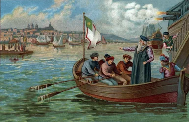 Ehemalige Einkaufszentren: Rückkehr von Vasco da Gama (1469-1524), portugiesischer Seefahrer, nach Porto, Portugal. Chromolithographie aus dem späten 19. Jahrhundert.